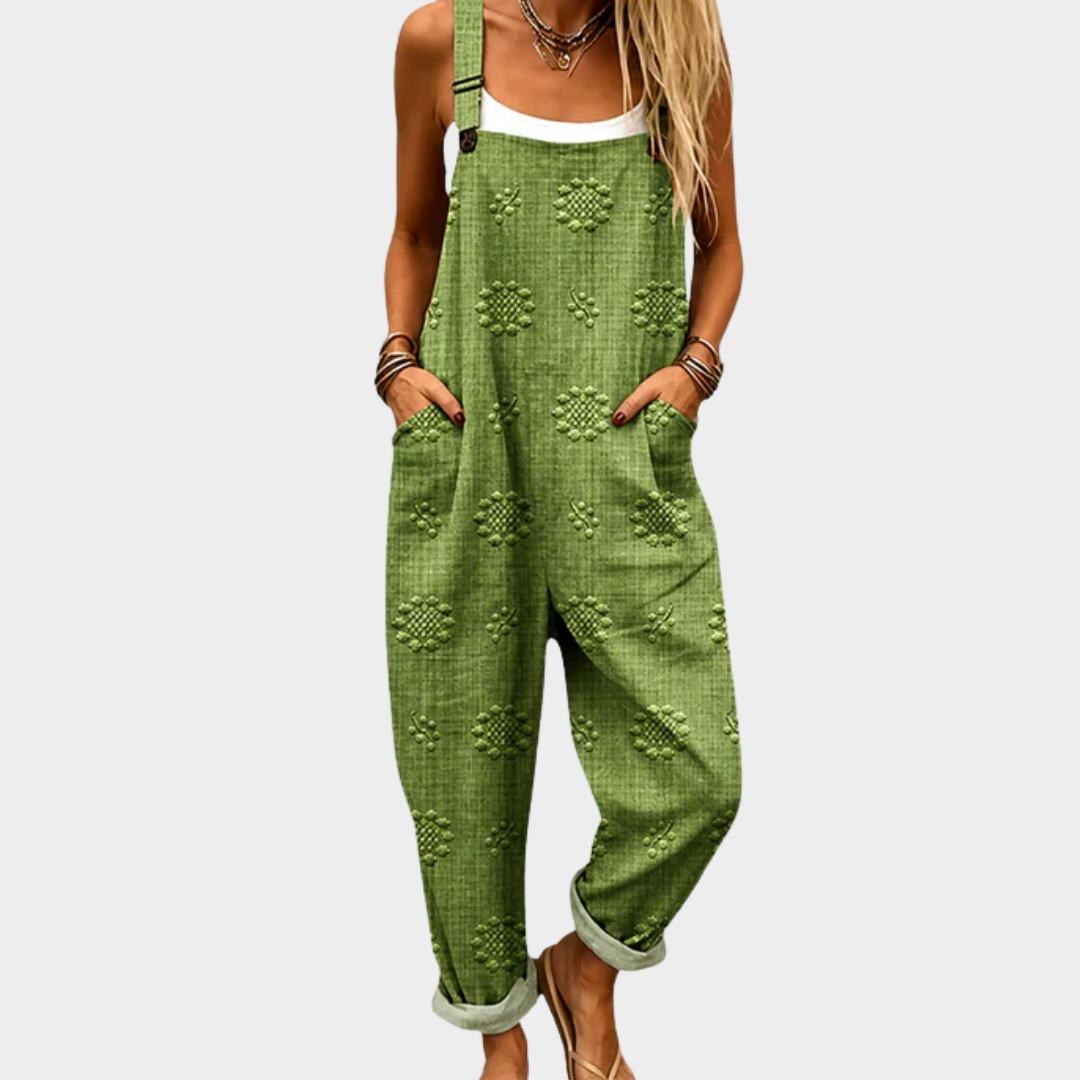 Printed wide-leg jumpsuit for women with adjustable shoulder straps and relaxed fit
