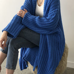 Blue oversized open-front split knit cardigan with a relaxed drape