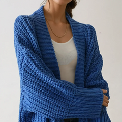 Blue oversized open-front split knit cardigan with a relaxed drape