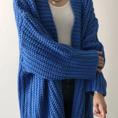 Blue oversized open-front split knit cardigan with a relaxed drape