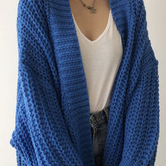 Blue oversized open-front split knit cardigan with a relaxed drape