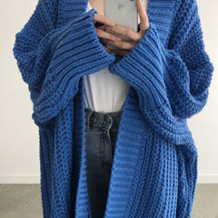 Blue oversized open-front split knit cardigan with a relaxed drape