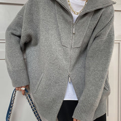 Light gray oversized open collar knit cardigan with ribbed trims