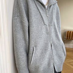 Light gray oversized open collar knit cardigan with ribbed trims
