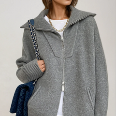Light gray oversized open collar knit cardigan with ribbed trims
