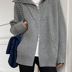 Light gray oversized open collar knit cardigan with ribbed trims