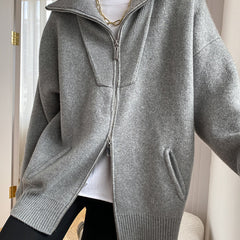 Light gray oversized open collar knit cardigan with ribbed trims