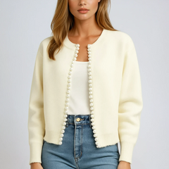 Pearl trim round neck knit cardigan with lightly frayed edges in white and black