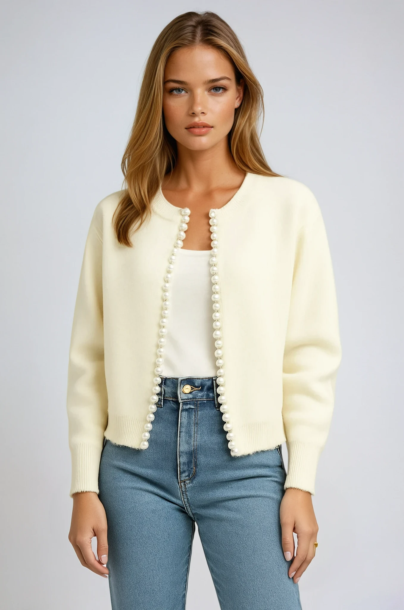 Pearl trim round neck knit cardigan with lightly frayed edges in white and black