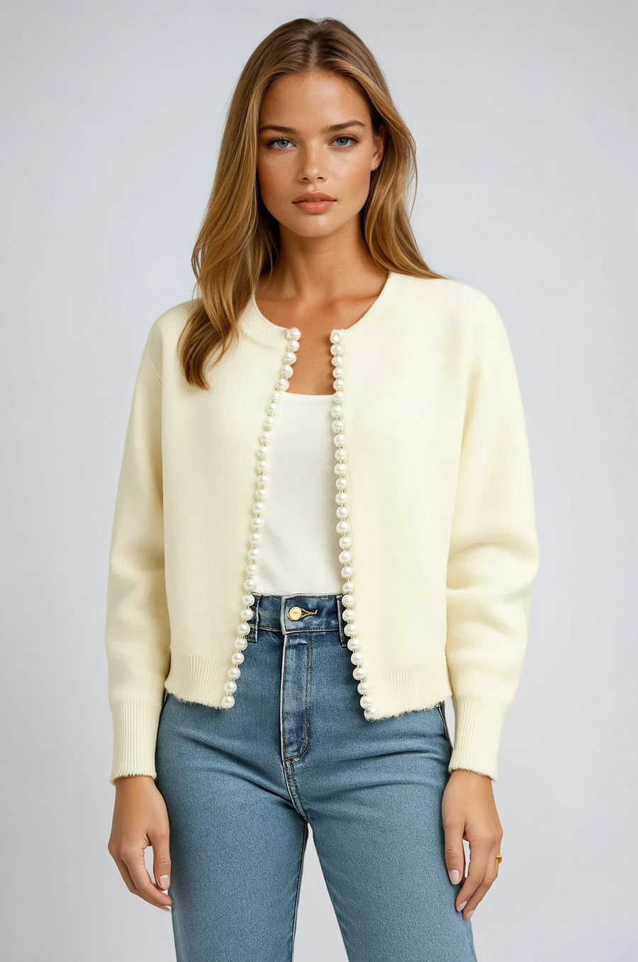 Pearl trim round neck knit cardigan with lightly frayed edges in white and black