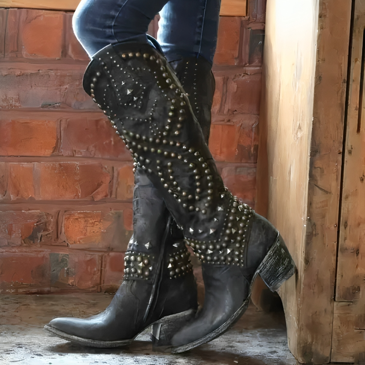 Knee-high pointed-toe boots with a mid block heel and side zipper
