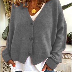 Women's V-neck button-front knit cardigan with long sleeves in a relaxed, slightly cropped fit