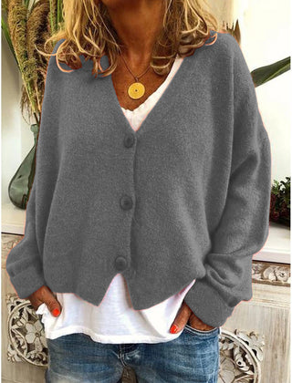 Women's V-neck button-front knit cardigan with long sleeves in a relaxed, slightly cropped fit