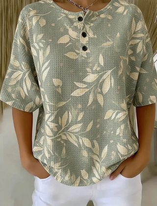 Sage leaf print waffle knit short sleeve top with button detail