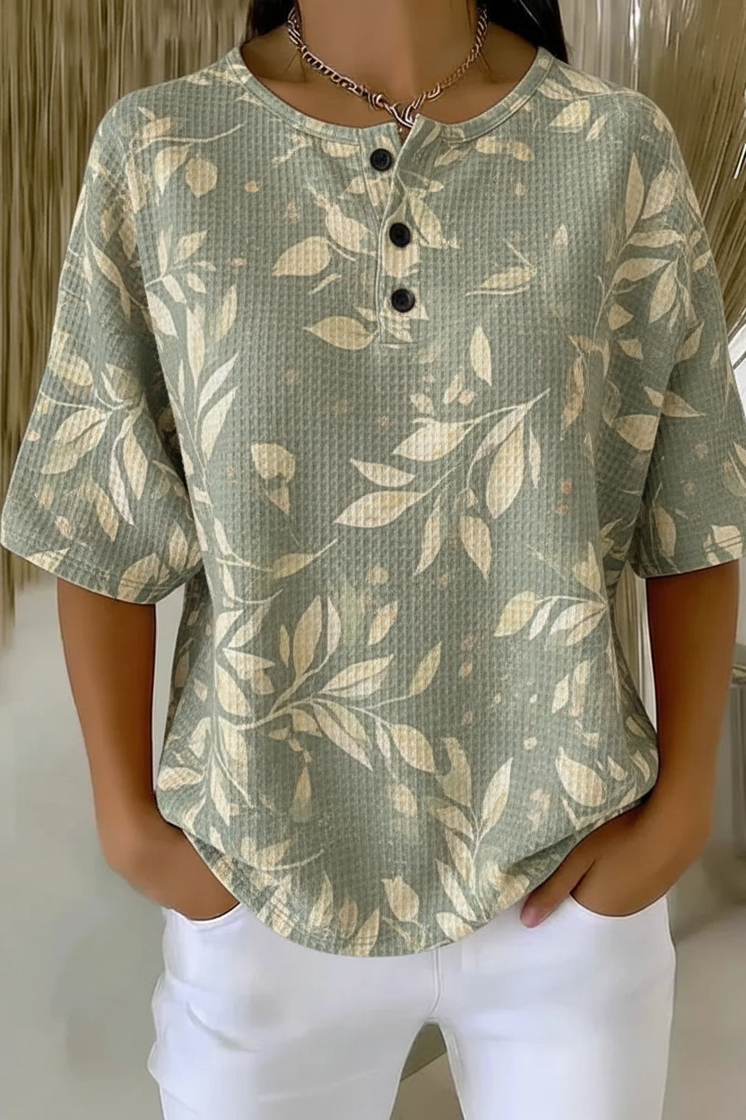 Sage leaf print waffle knit short sleeve top with button detail