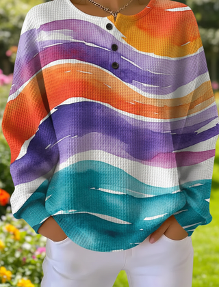 Women's waffle-knit sweatshirt with gradient art print in a relaxed casual fit