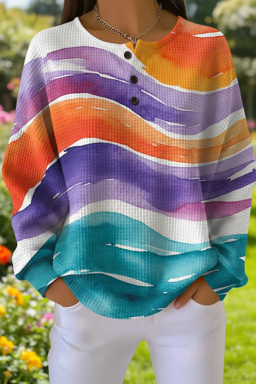 Women's waffle-knit sweatshirt with gradient art print in a relaxed casual fit