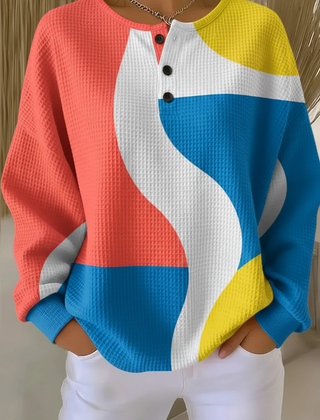 Women's waffle-textured sweatshirt with a colourful gradient art print in a relaxed fit