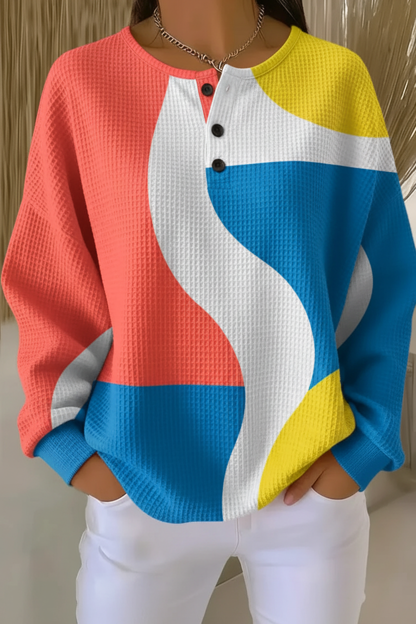 Women's waffle-textured sweatshirt with a colourful gradient art print in a relaxed fit