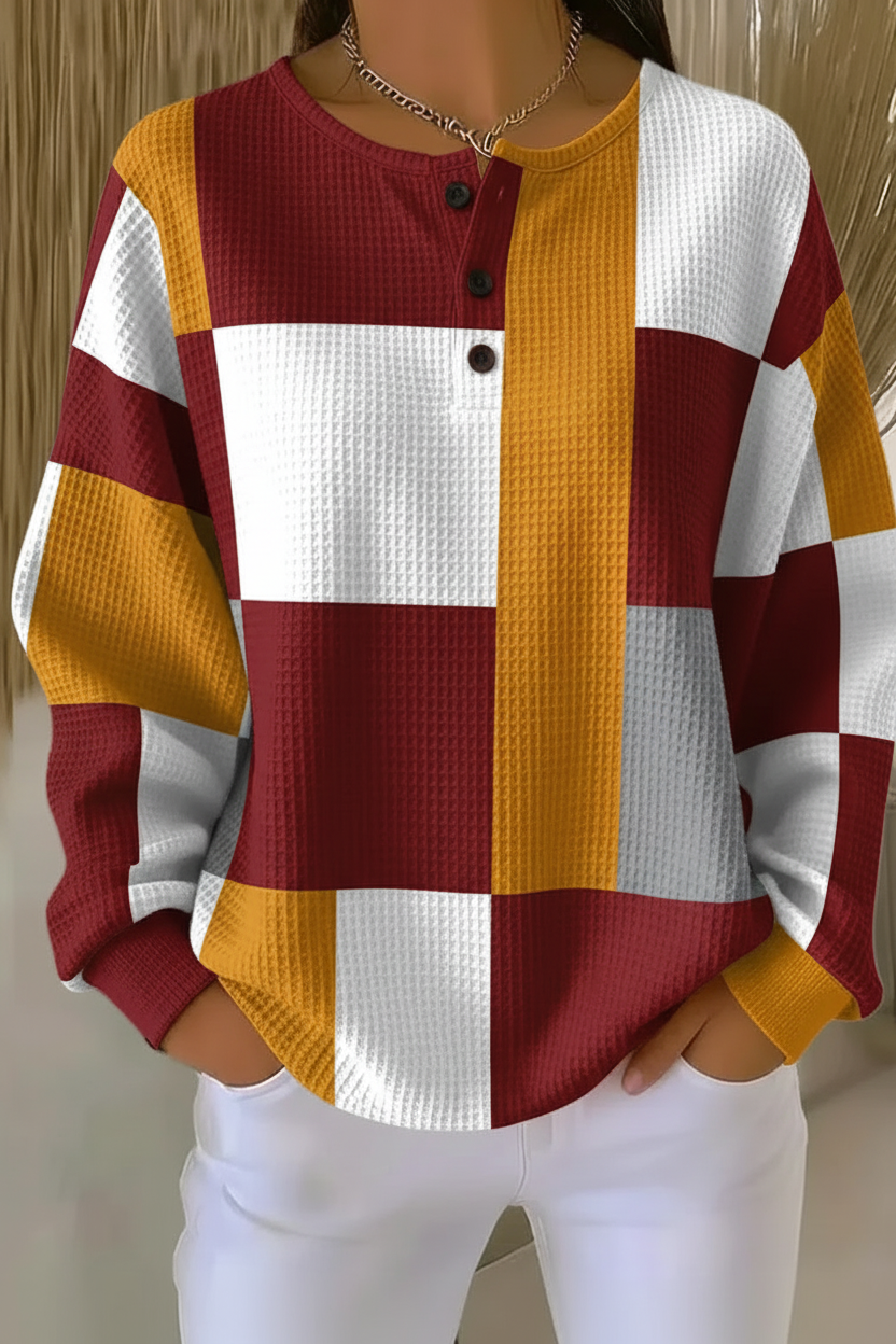 Women's waffle-knit sweatshirt with colourful gradient art print and relaxed fit