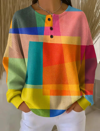 Women's waffle-knit casual sweatshirt with geometric art print