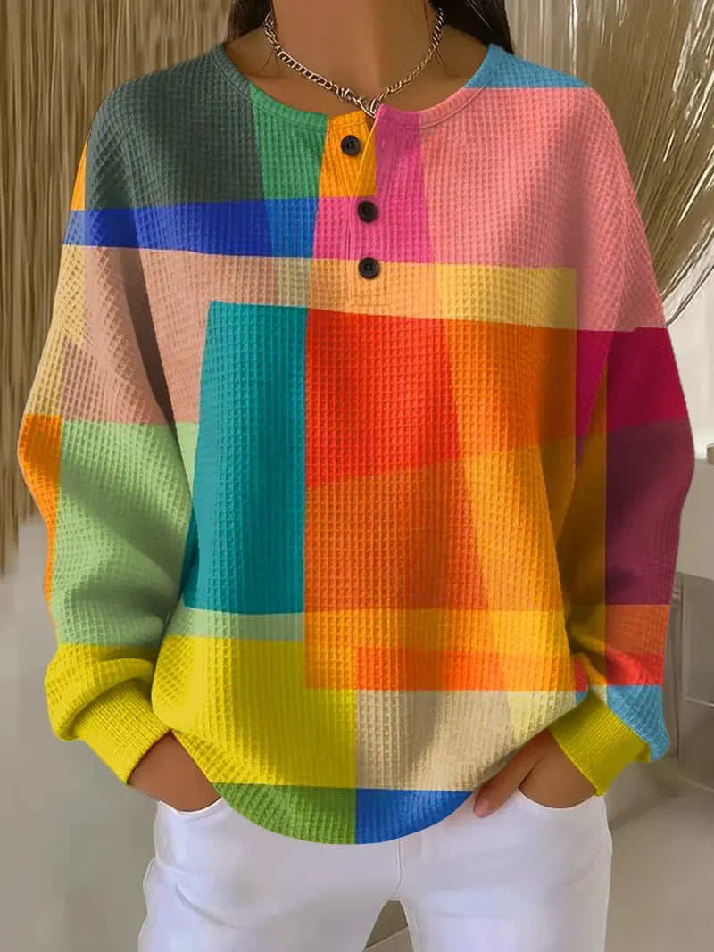 Women's waffle-knit casual sweatshirt with geometric art print