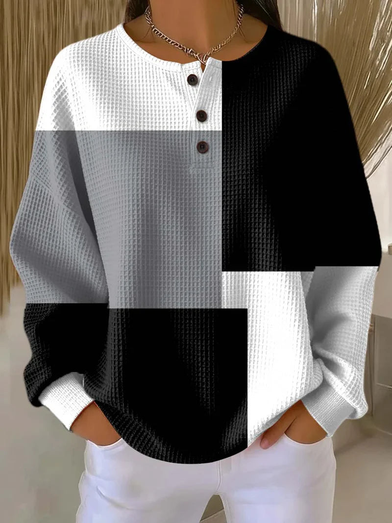 Women's waffle-knit cotton sweatshirt with geometric art print in a relaxed casual fit