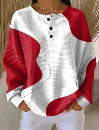 Women's abstract art print waffle-texture cotton sweatshirt in a relaxed casual fit