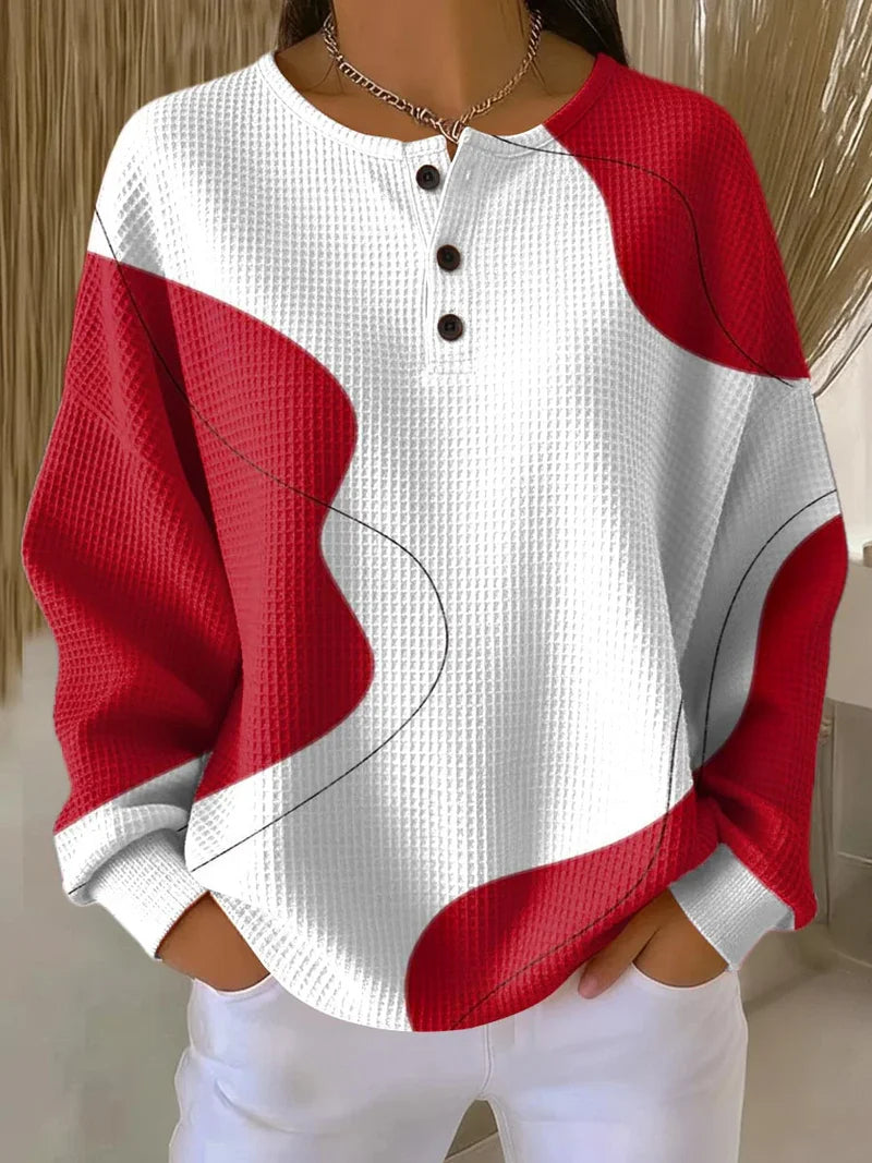 Women's abstract art print waffle-texture cotton sweatshirt in a relaxed casual fit
