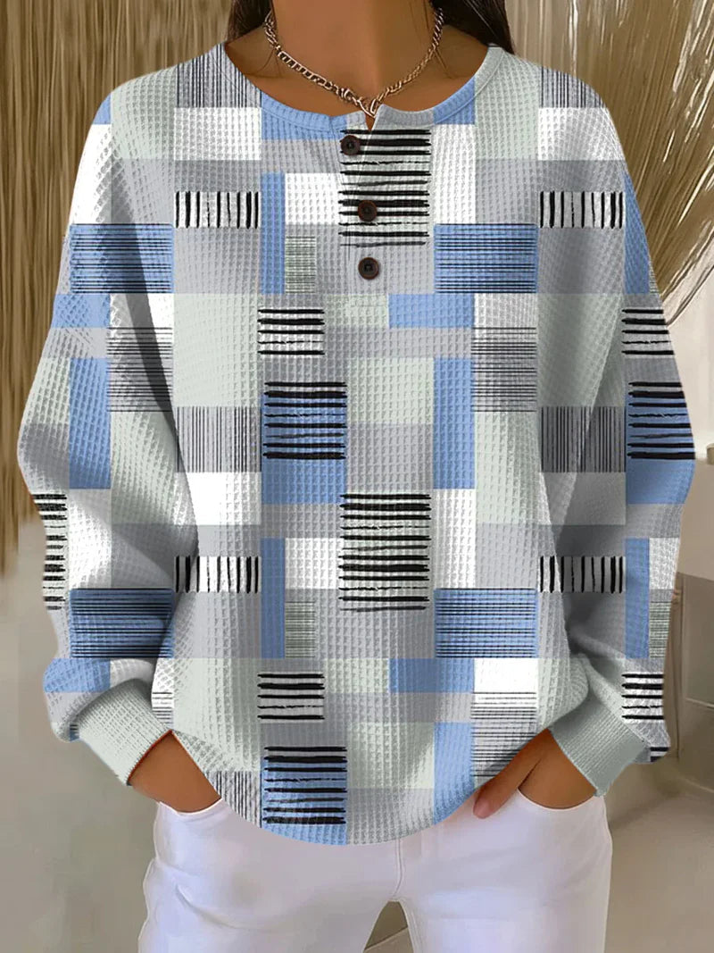 Women's geometric print waffle-knit cotton sweatshirt in a relaxed casual fit