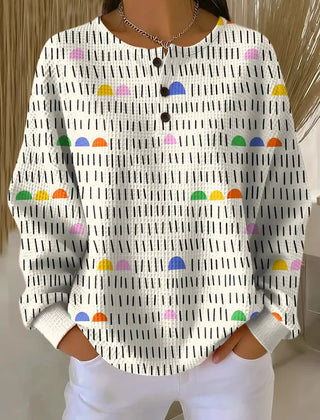 Women's waffle-knit sweatshirt with abstract art print and relaxed casual fit