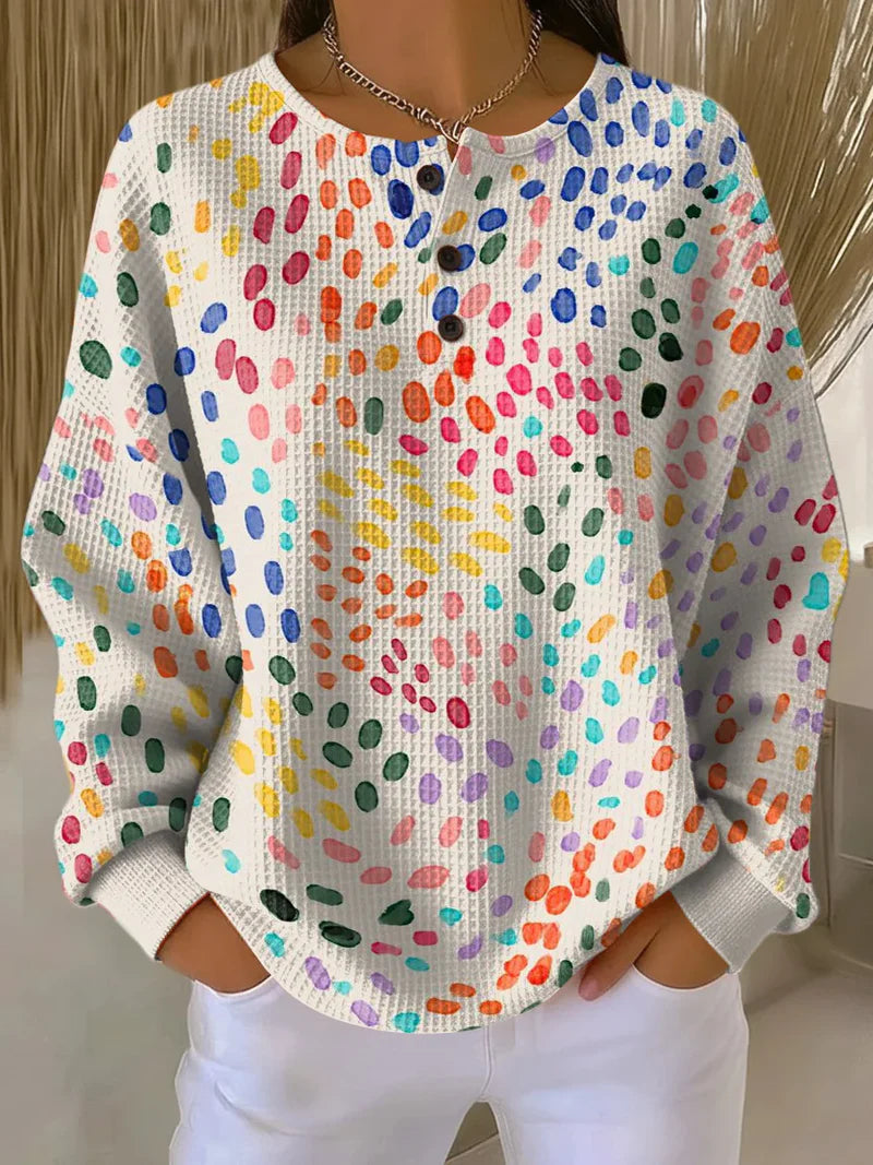 Women's cotton waffle sweatshirt with abstract art print in a relaxed casual fit