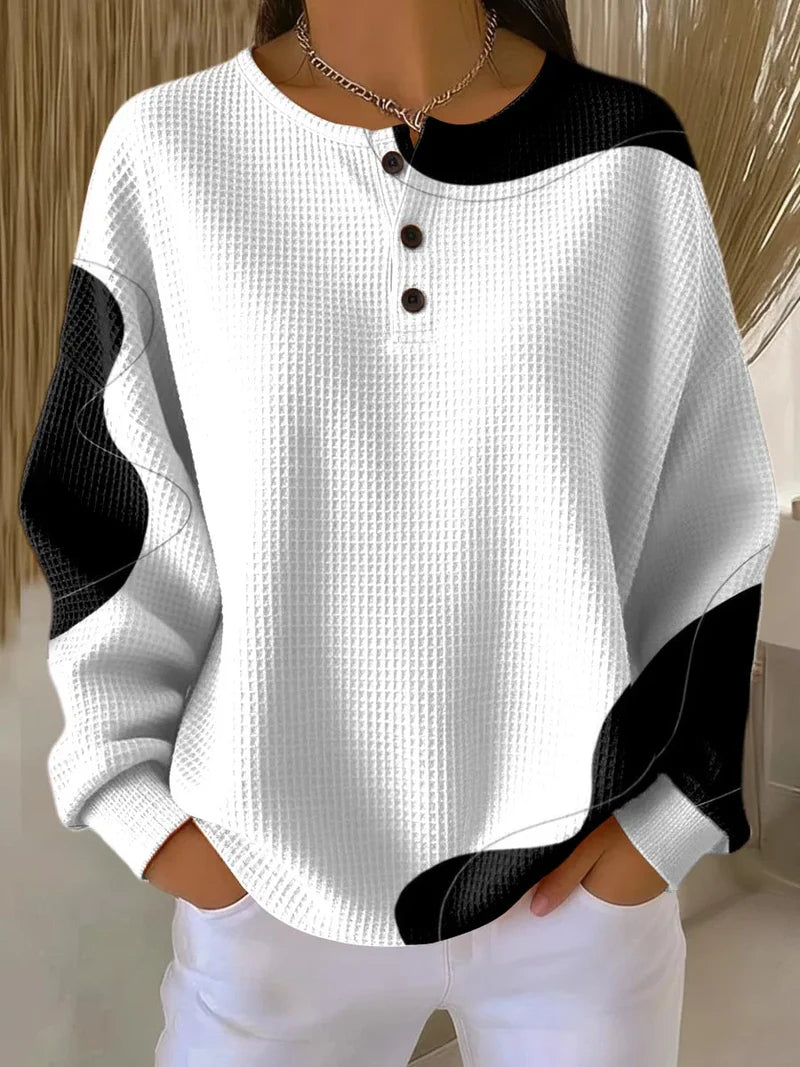 Women's relaxed-fit waffle cotton sweatshirt with an abstract art print