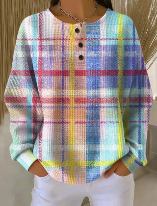 Women's plaid print waffle-knit casual sweatshirt in a relaxed fit