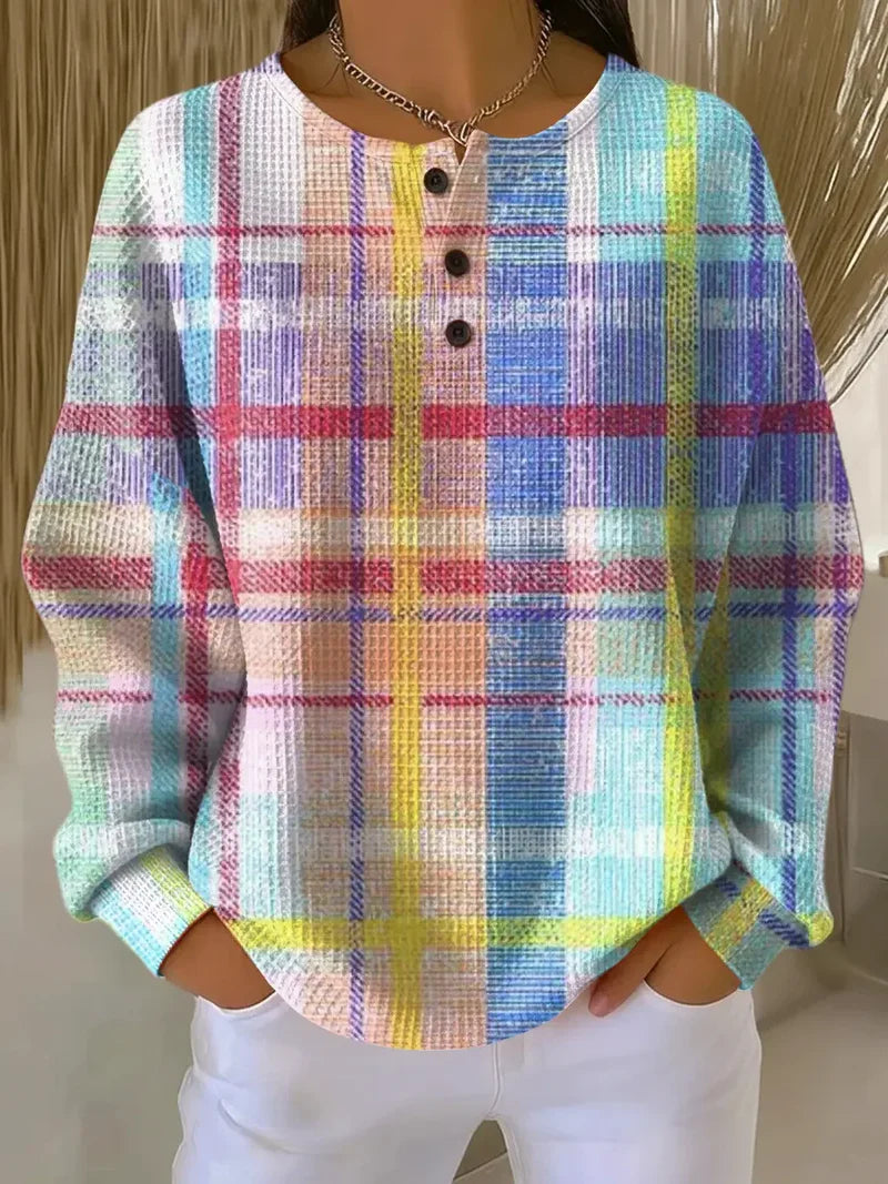 Women's plaid print waffle-knit casual sweatshirt in a relaxed fit