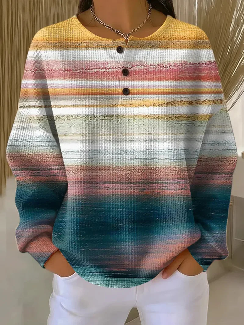 Women's gradient art print waffle-textured casual sweatshirt in a relaxed fit
