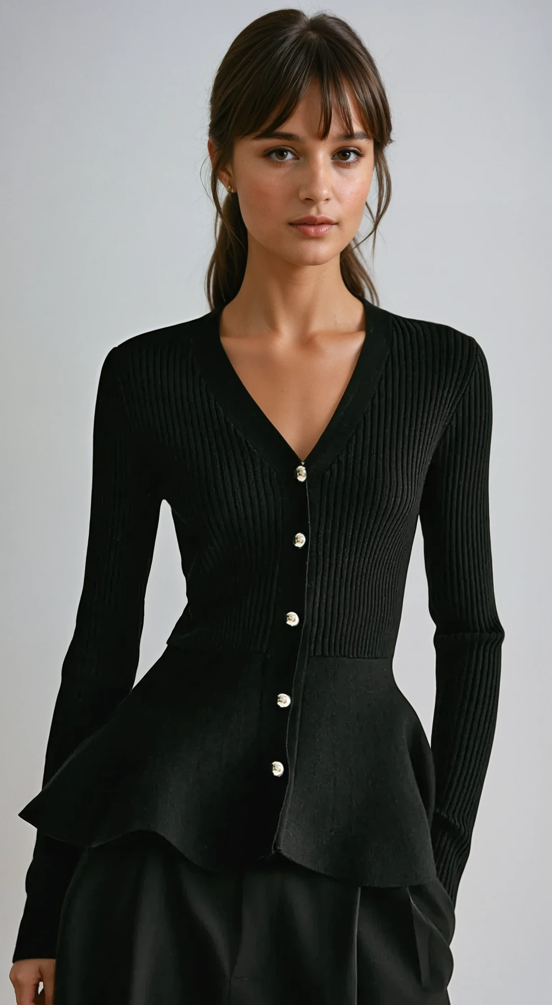Black ribbed peplum knit top with metallic button detailing and fitted waist