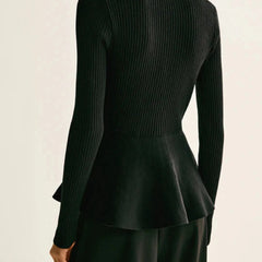 Black ribbed peplum knit top with metallic button detailing and fitted waist
