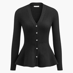 Black ribbed peplum knit top with metallic button detailing and fitted waist