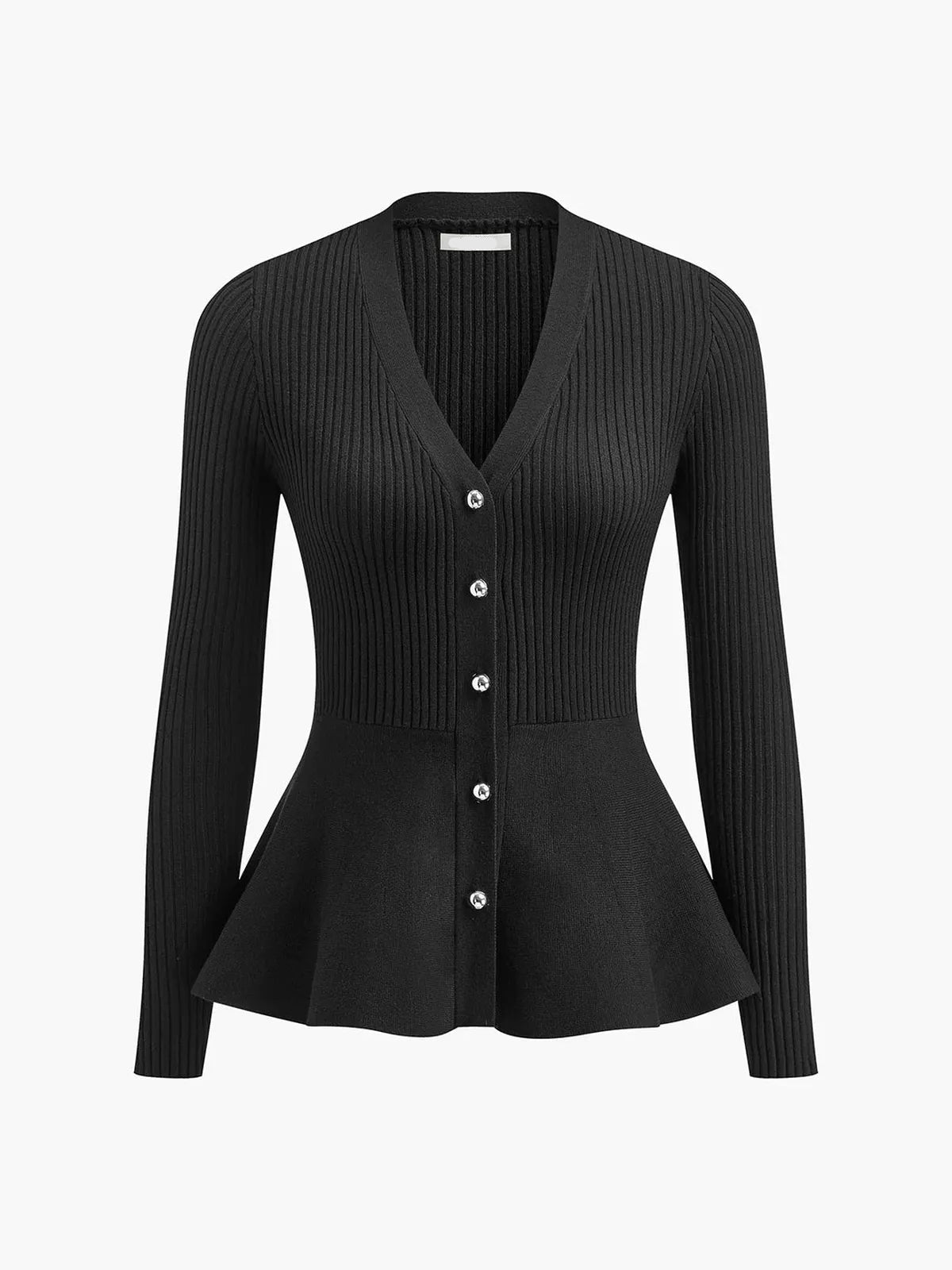 Black ribbed peplum knit top with metallic button detailing and fitted waist