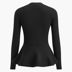 Black ribbed peplum knit top with metallic button detailing and fitted waist