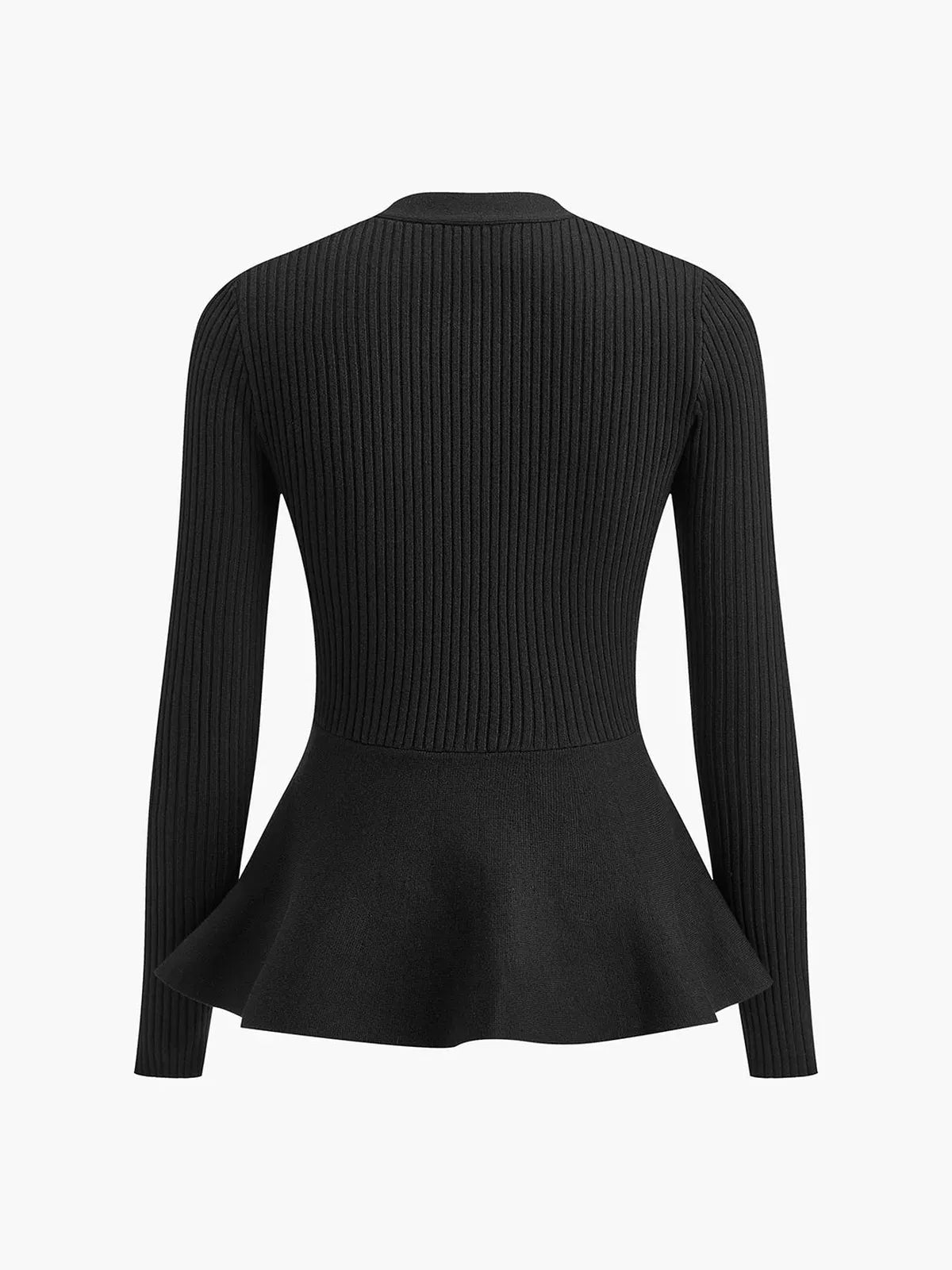 Black ribbed peplum knit top with metallic button detailing and fitted waist