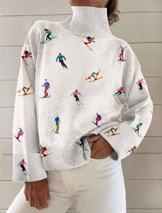 Woman wearing a white ribbed turtleneck sweater with a relaxed fit