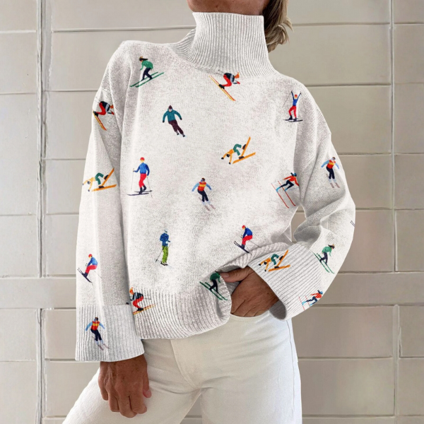 Woman wearing a white ribbed turtleneck sweater with a relaxed fit
