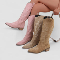 Knee-high western boots with tonal embroidery, low block heel and side zip