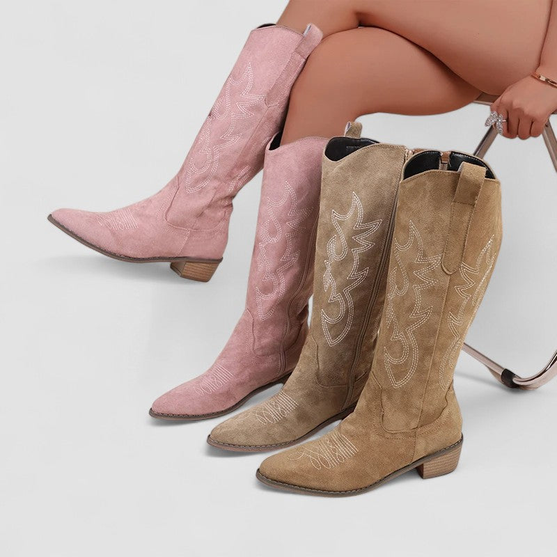 Knee-high western boots with tonal embroidery, low block heel and side zip