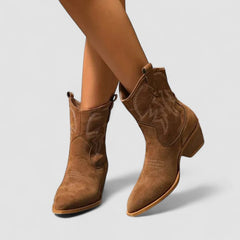 Embroidered Western ankle boots with pointed toe and block heel