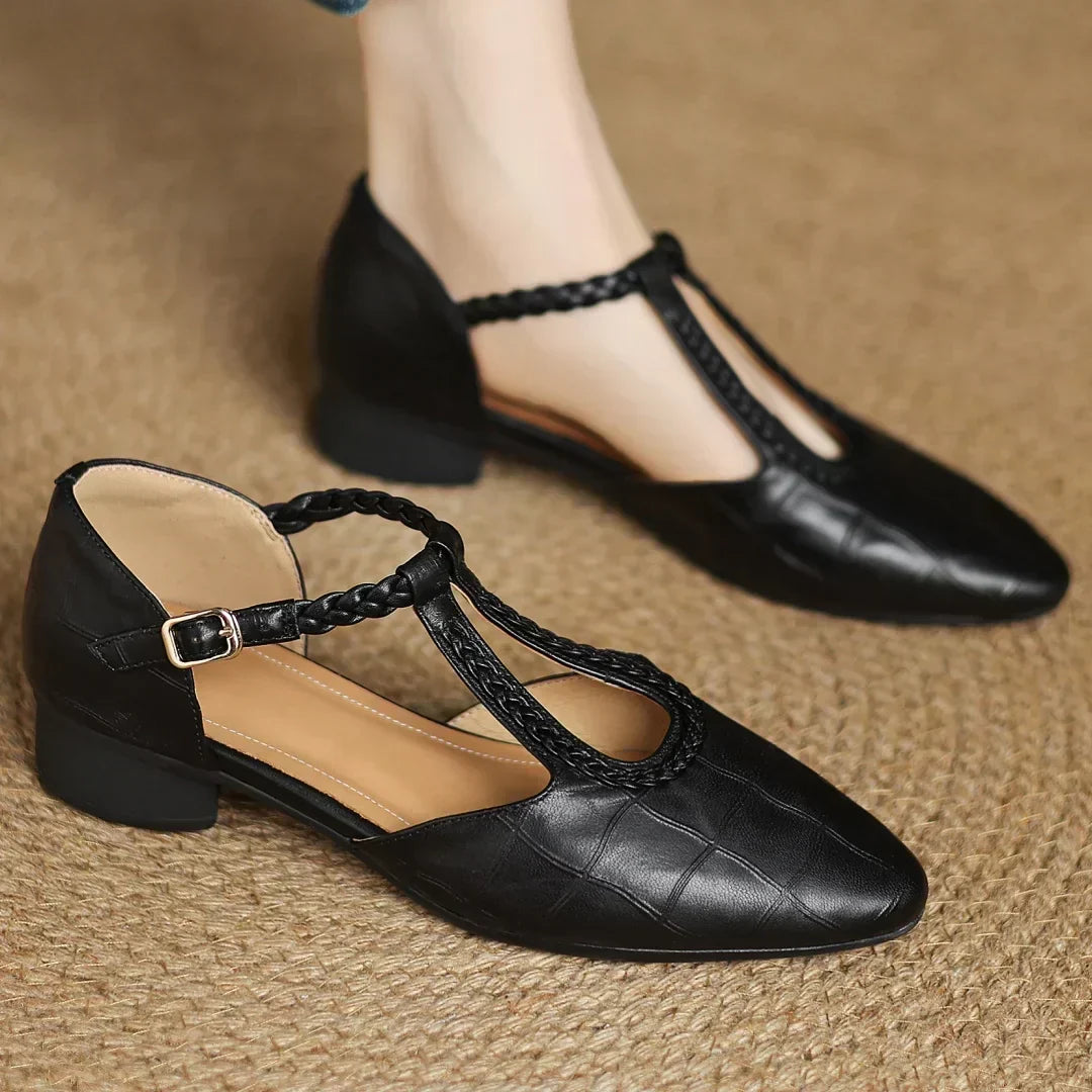 Women's leather T-strap Mary Jane flats with braided strap, buckle and pointed toe