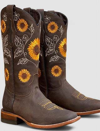 Sunflower-embroidered western boots with pointed toe and stacked block heel in warm brown