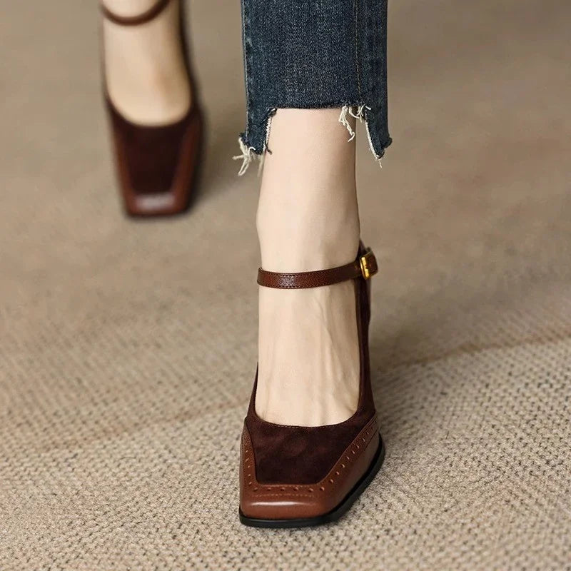 Constance square toe block heel brogue pumps with slim ankle strap and gold-tone buckle